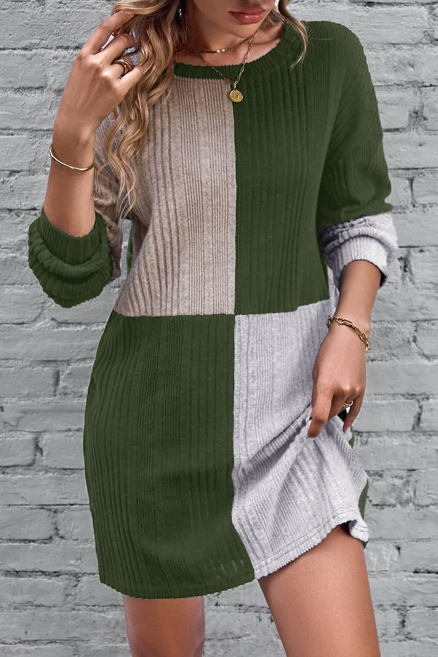 Jungle Green Ribbed Color Block Drop Shoulder Long Sleeve Mini Dress