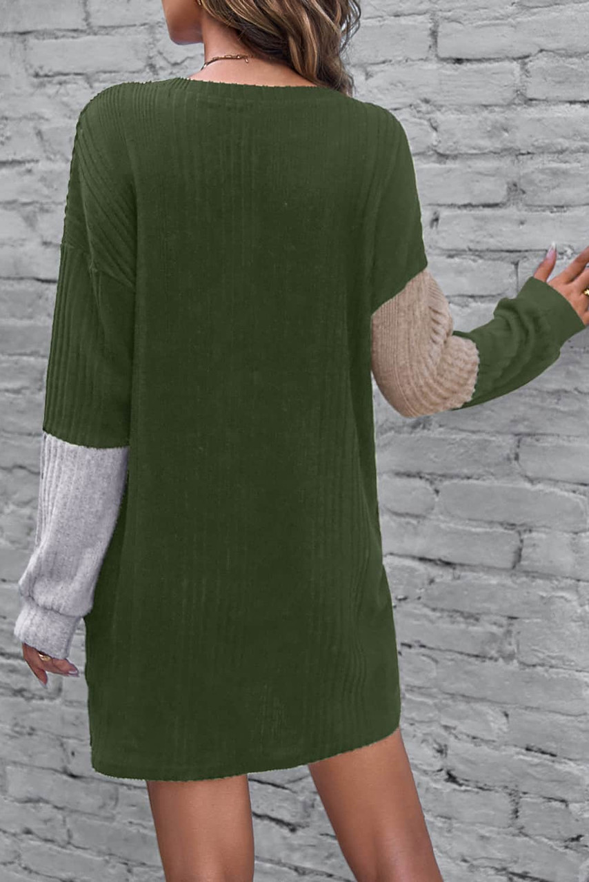 Jungle Green Ribbed Color Block Drop Shoulder Long Sleeve Mini Dress