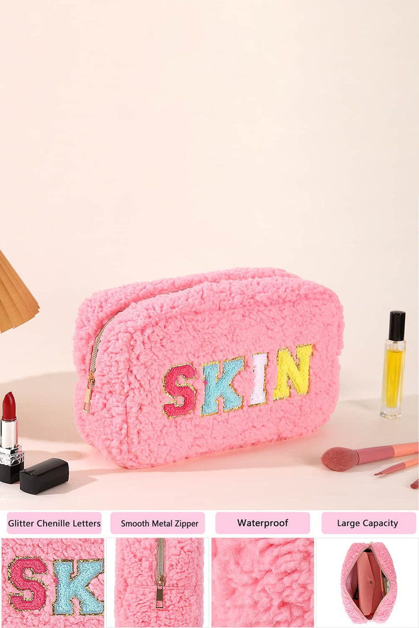 Pink Plush Chenille Embroidered Alphabet Makeup Bag dealstunnel