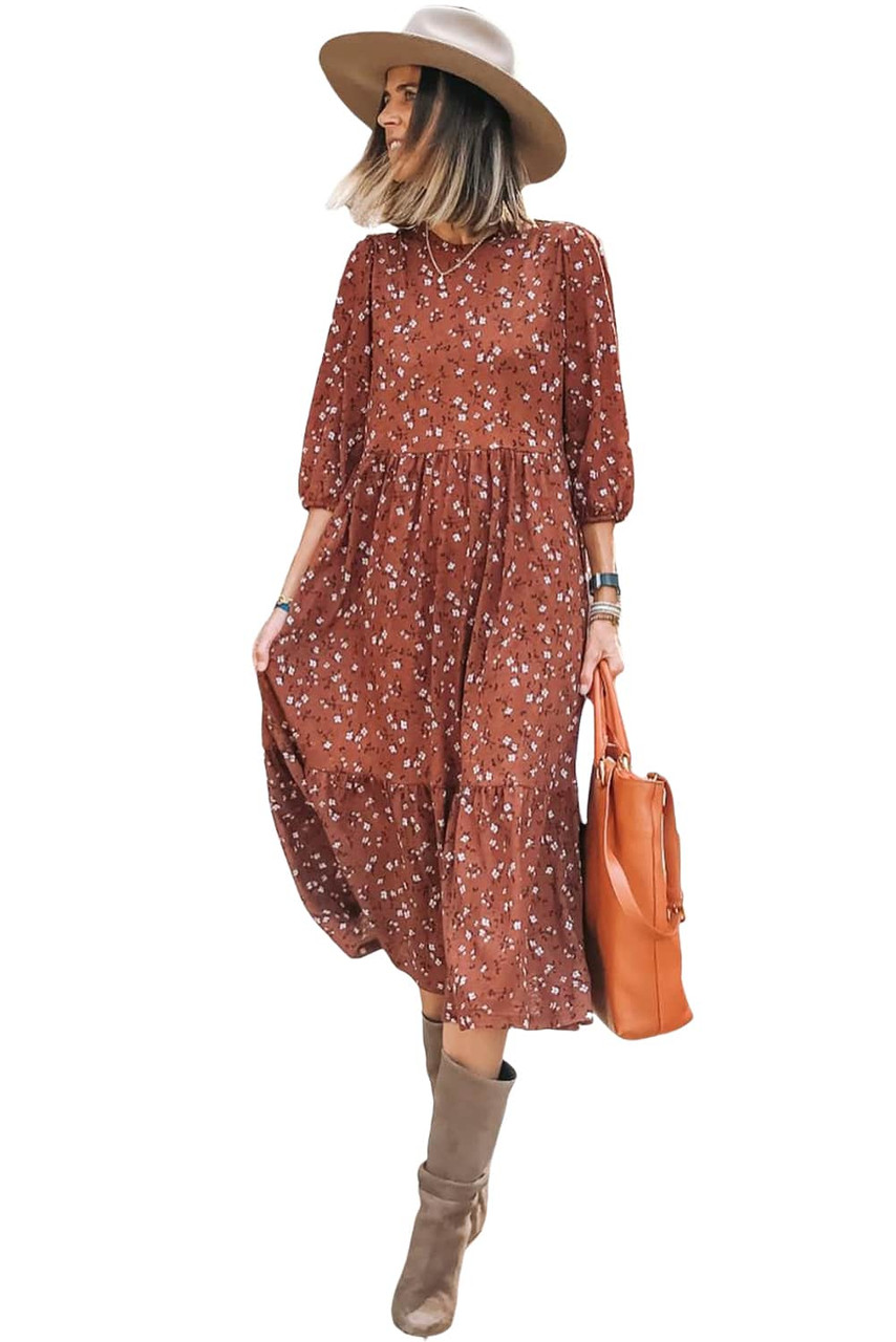 Chestnut Floral Print 3/4 Sleeve Ruffle Hem Midi Dress