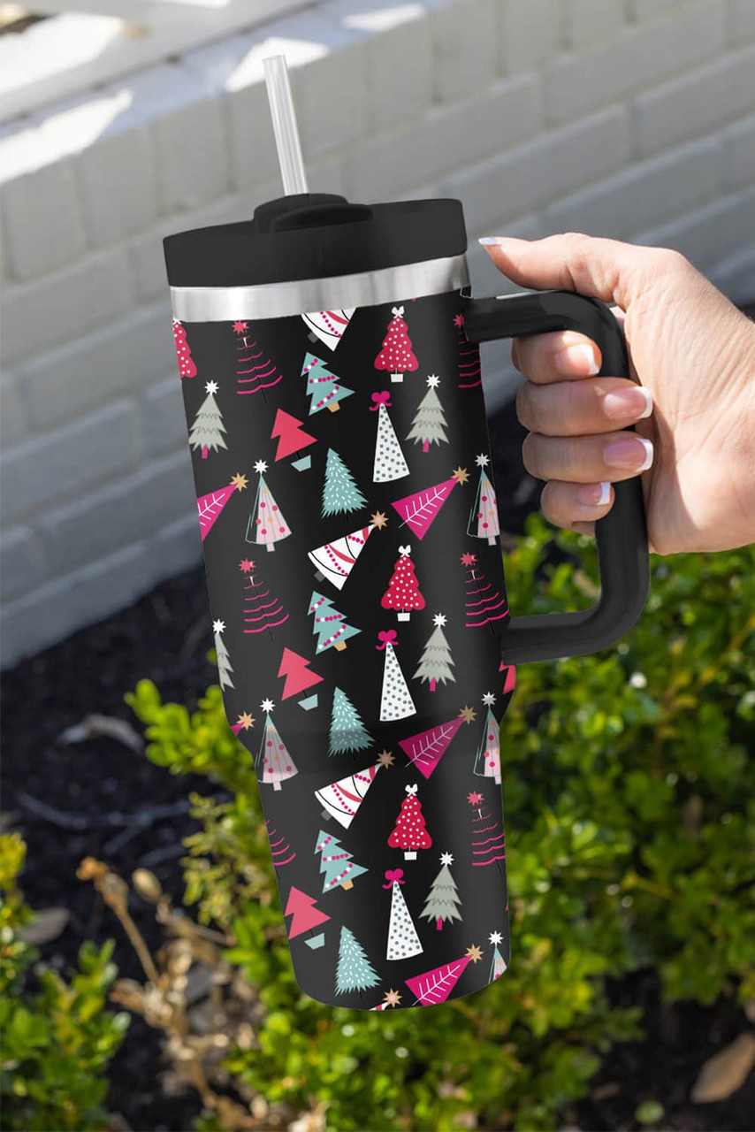 Black Cartoon Christmas Tree Printed Thermos Cup