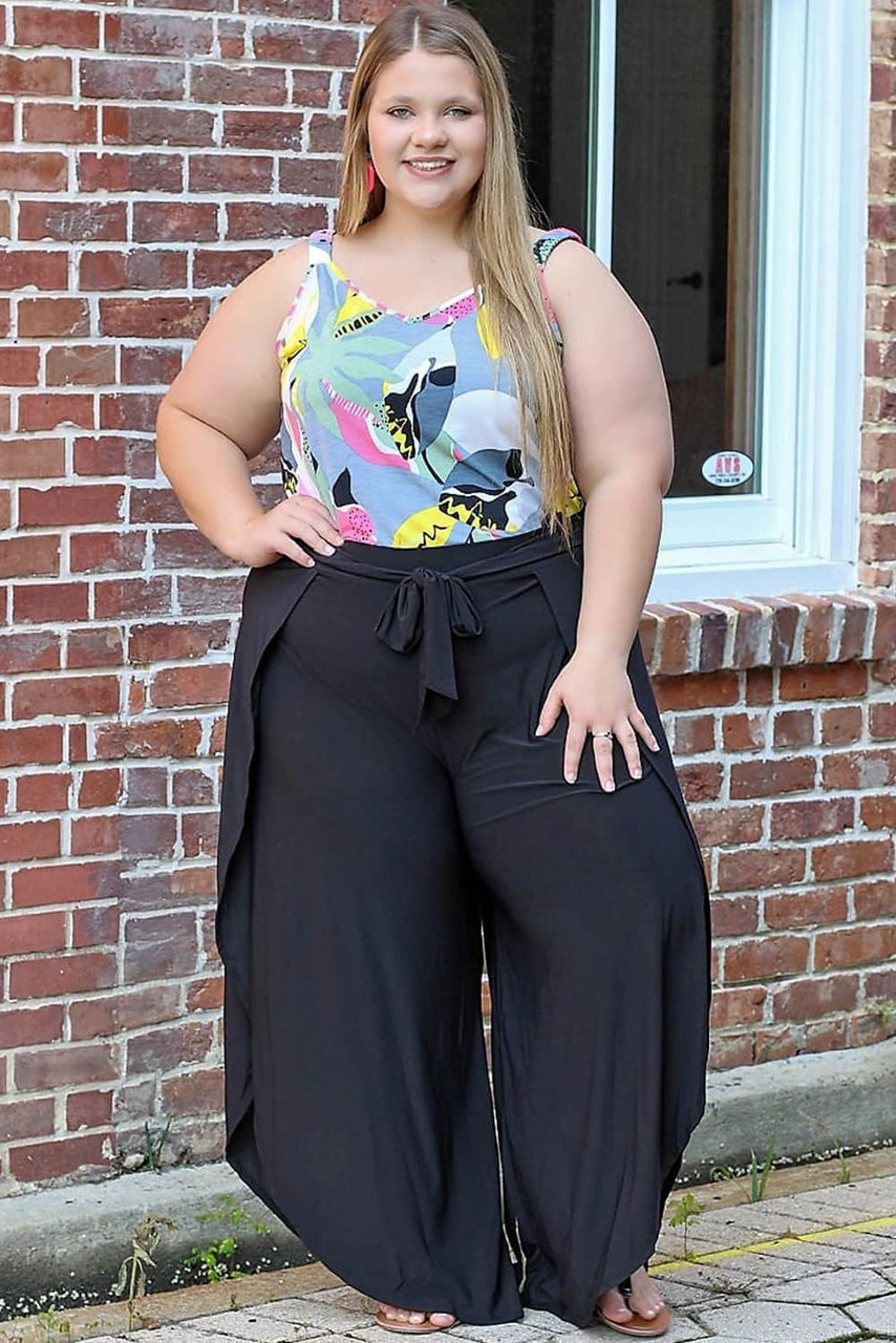 Black Plus Size Front Tie Tulip Wide Leg Pants