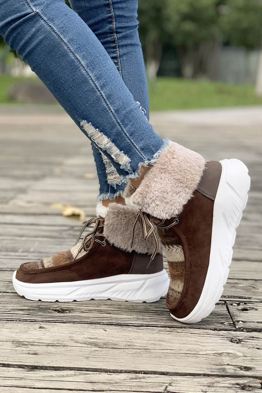 Coffee Plush Suede Patched Lace Up Ankle Boots