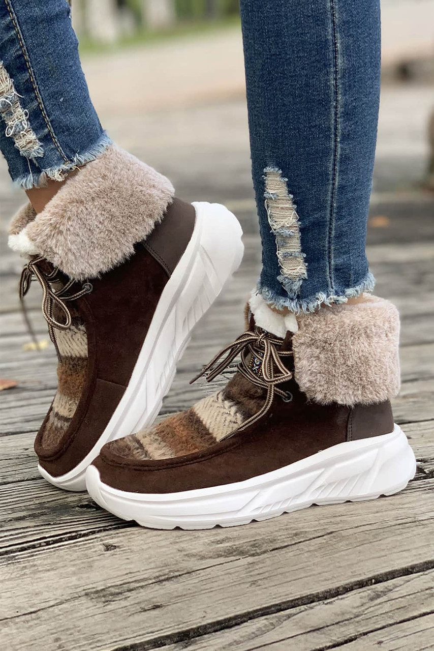 Coffee Plush Suede Patched Lace Up Ankle Boots
