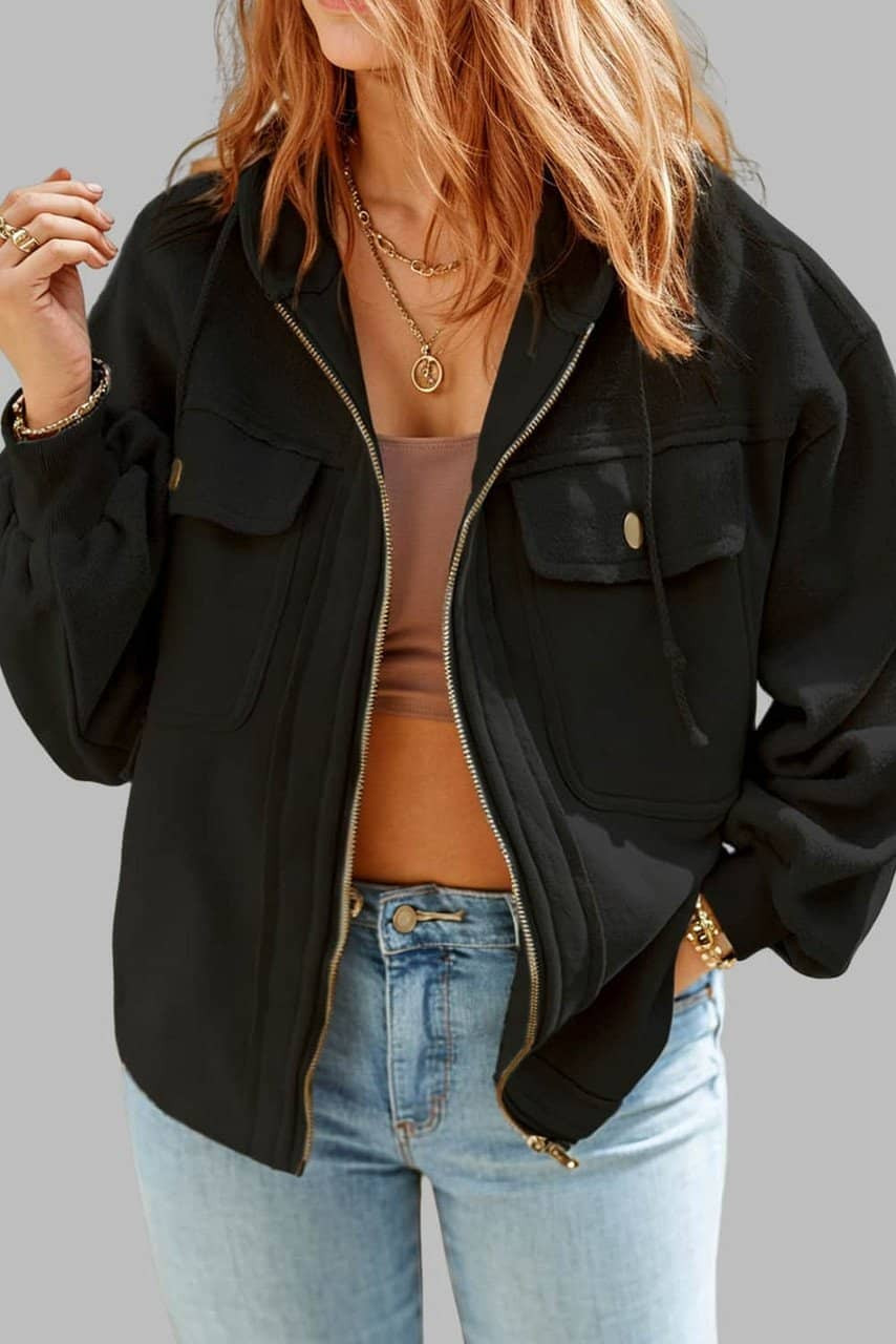 Black Plus Size Bishop Sleeve Zip Up Hooded Jacket Black Plus Size Bishop Sleeve Zip Up Hooded Jacket