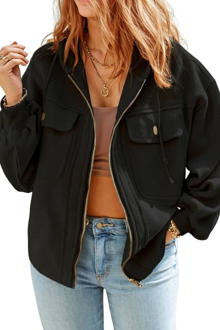 Black Plus Size Bishop Sleeve Zip Up Hooded Jacket Black Plus Size Bishop Sleeve Zip Up Hooded Jacket