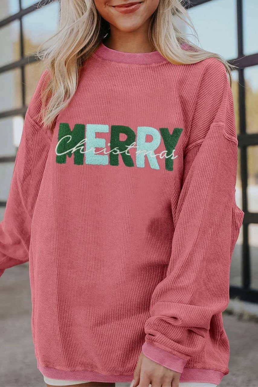Strawberry Pink MERRY Christmas Corded Pullover Sweatshirt