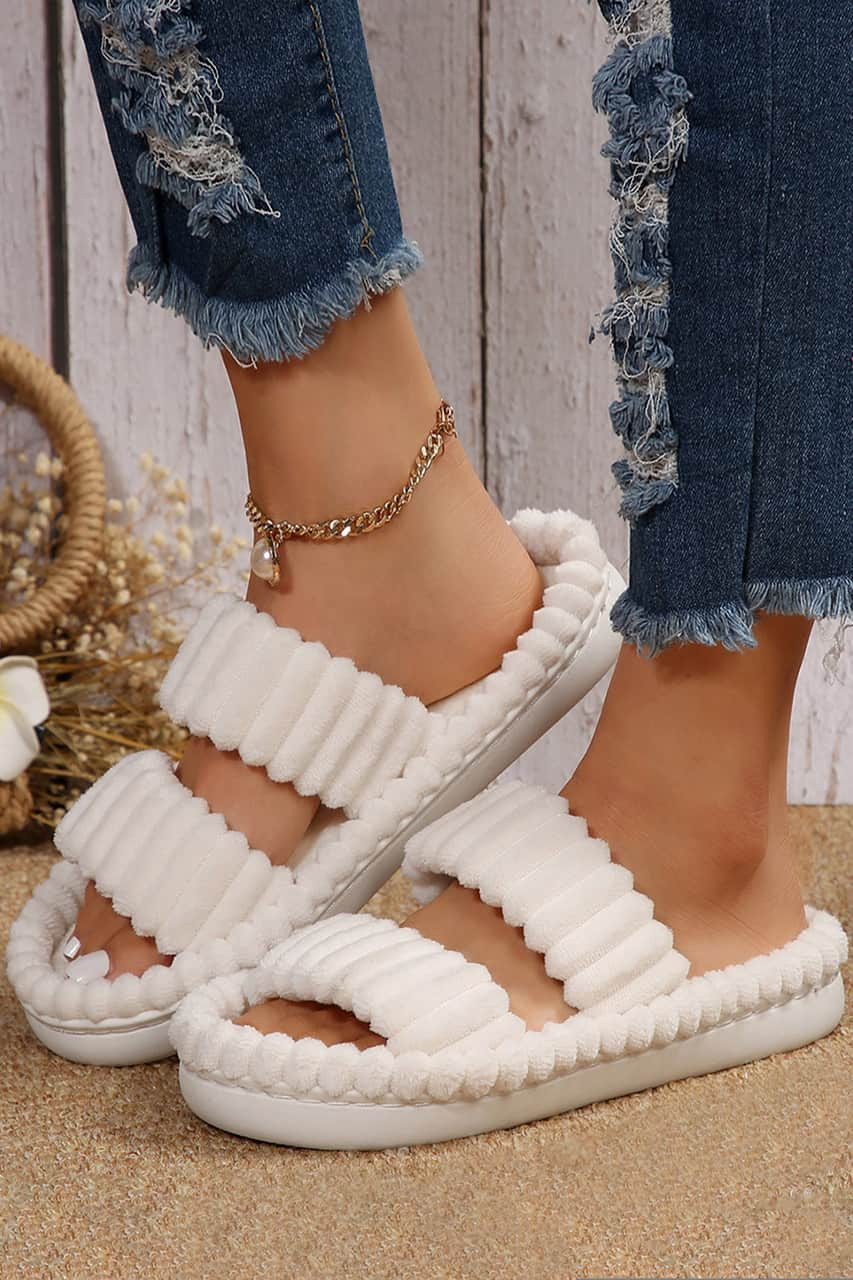 White Soft Ribbed Double Straps Flat Slippers