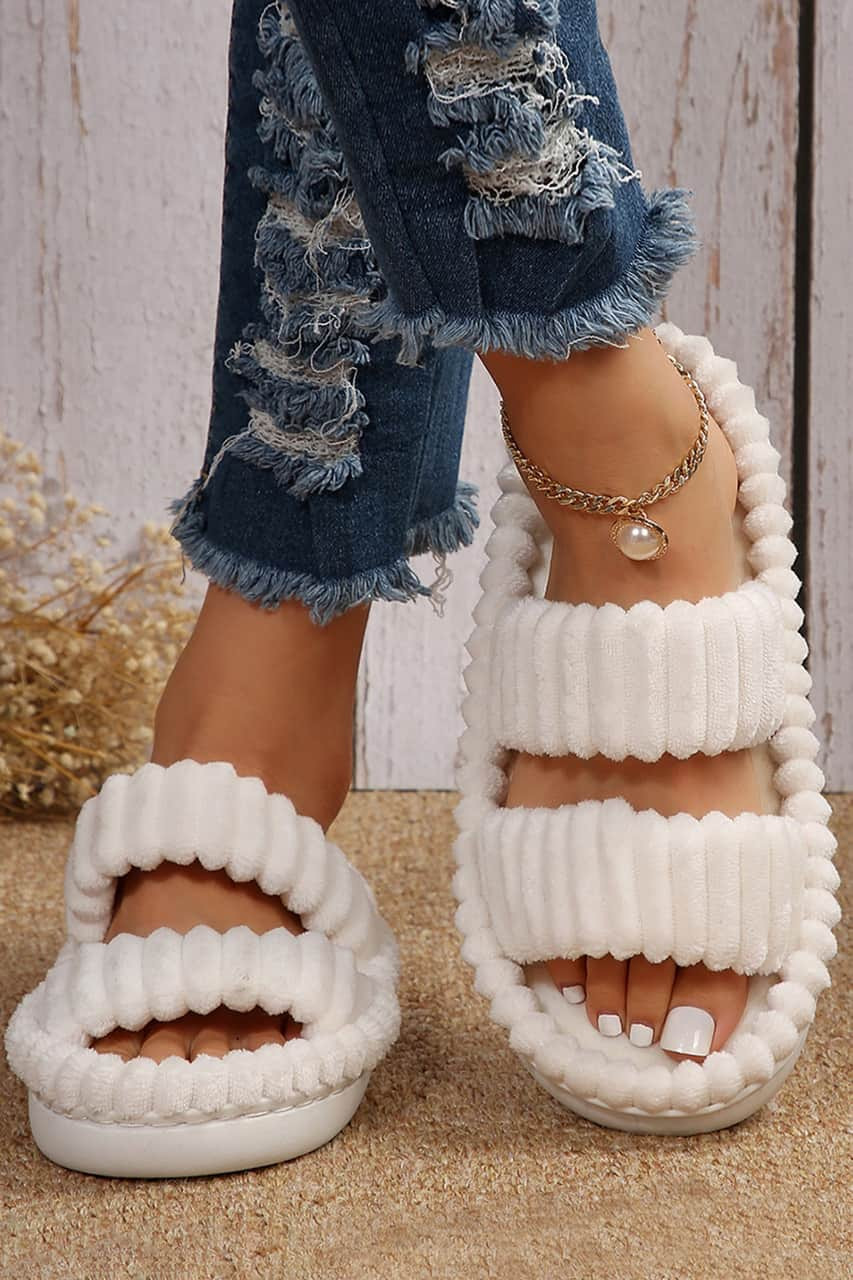 White Soft Ribbed Double Straps Flat Slippers