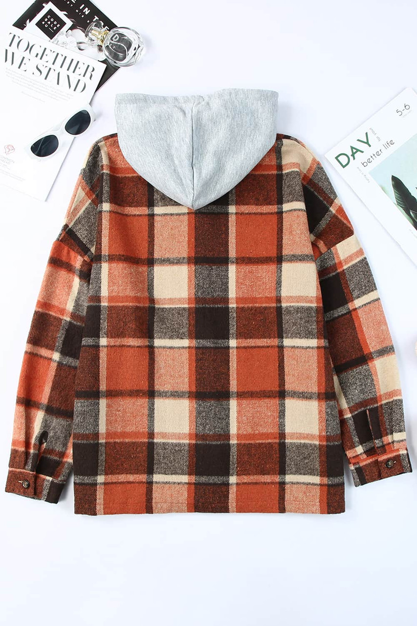 Orange Hooded Plaid Button Front Shacket