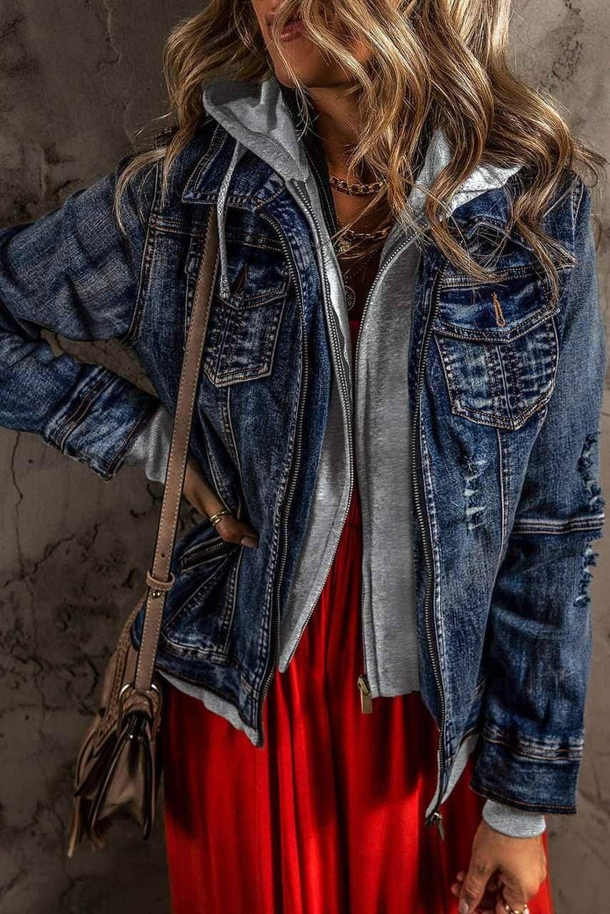 Dark Blue Fake Two-Piece Hooded Zip-Up Denim Jacket Dark Blue Fake Two-Piece Hooded Zip-Up Denim Jacket