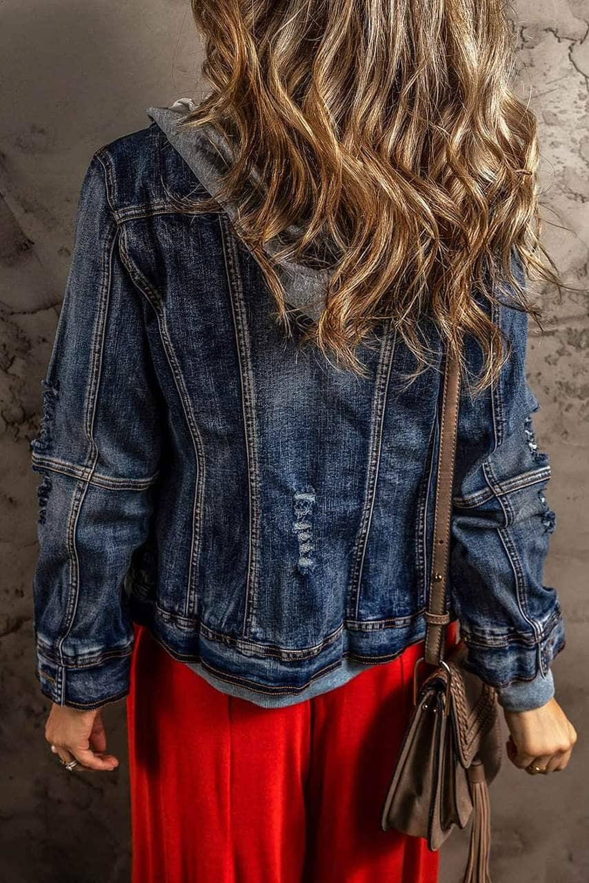 Dark Blue Fake Two-Piece Hooded Zip-Up Denim Jacket Dark Blue Fake Two-Piece Hooded Zip-Up Denim Jacket