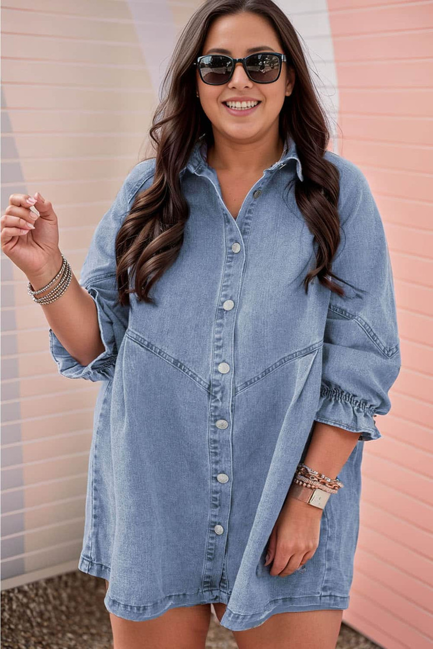 Final Sale Plus Size Collar Button Up BodyCon Dress in Denim Print – Chic  And Curvy