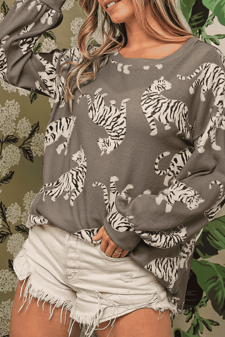 Simply Taupe Lively Tiger Print Casual Sweatshirt Simply Taupe Lively Tiger Print Casual Sweatshirt