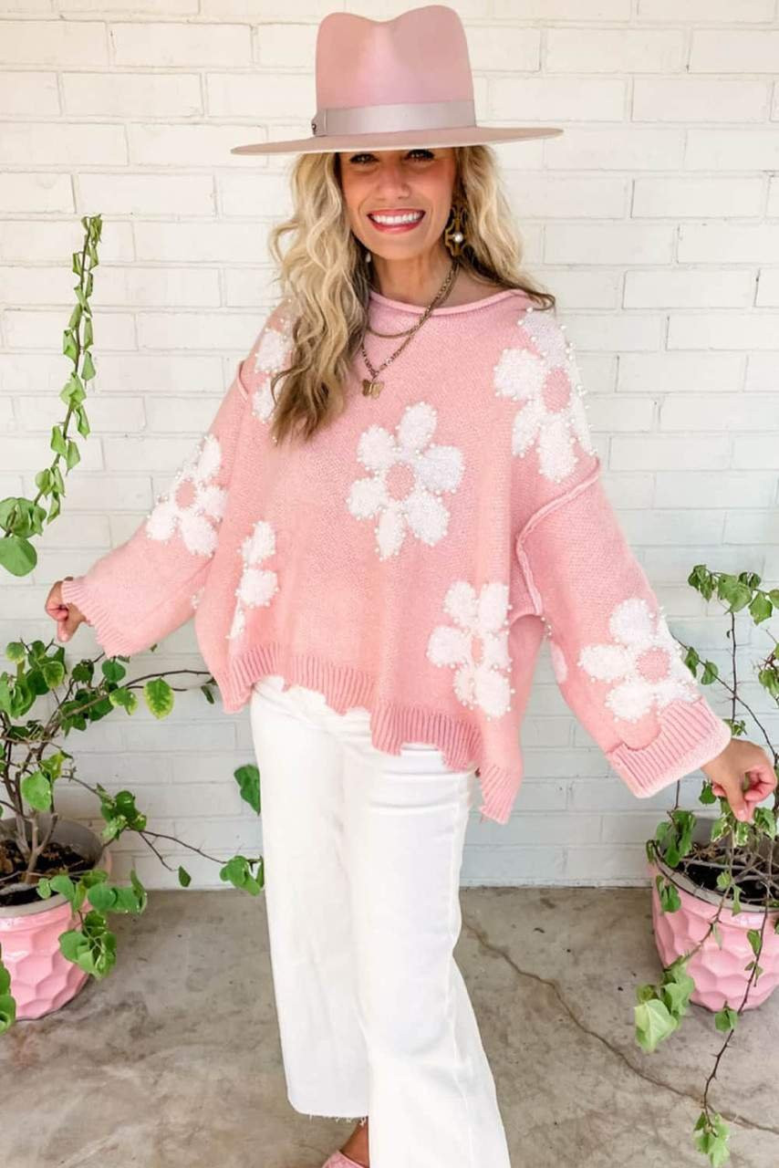 Multicolour Pearl Beaded Floral Drop Shoulder Sweater