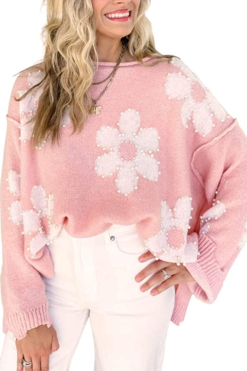 Multicolour Pearl Beaded Floral Drop Shoulder Sweater Multicolour Pearl Beaded Floral Drop Shoulder Sweater