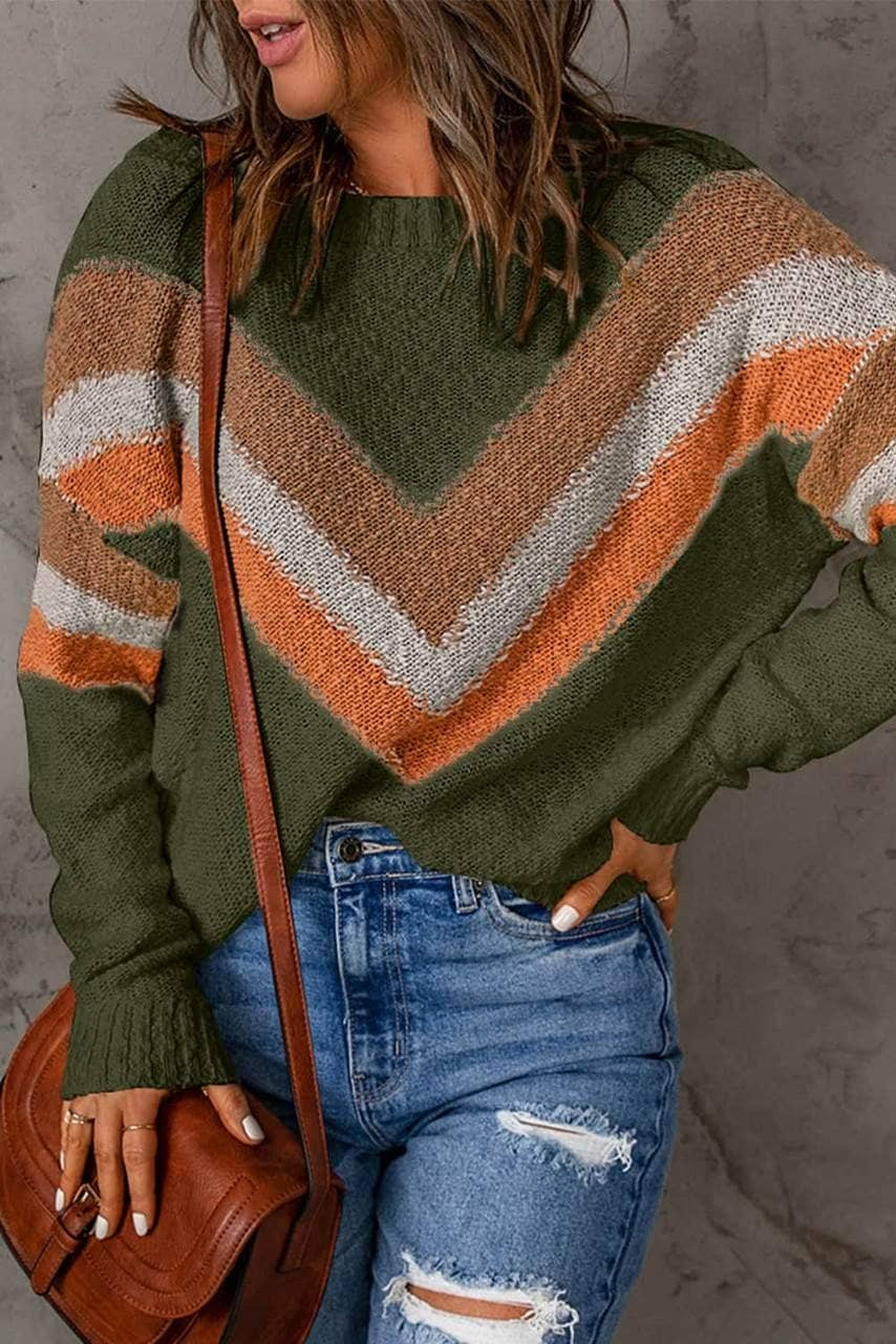 Multicolor Chevron Striped Drop Shoulder Sweater Multicolor Chevron Striped Drop Shoulder Sweater