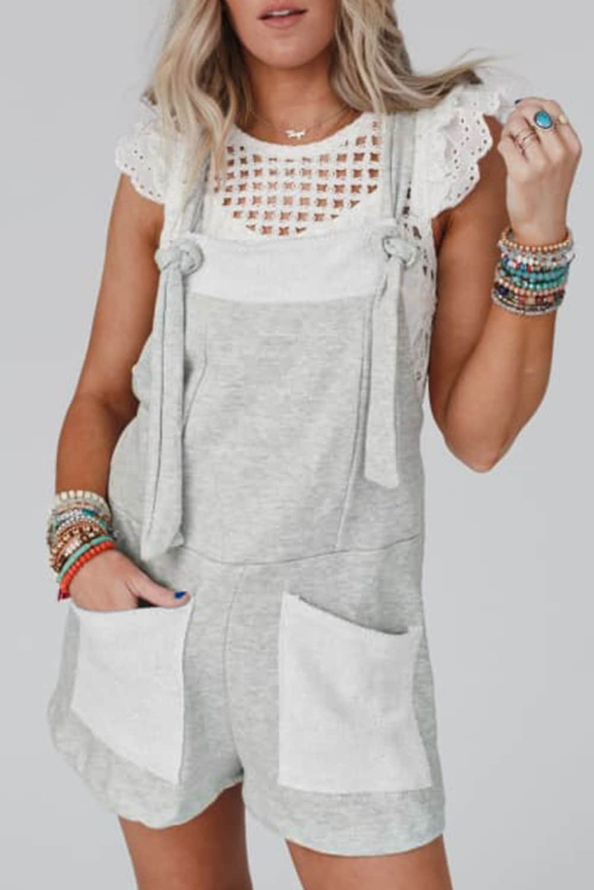 Light Grey Knotted Straps Patch Pockets Terry Knit Romper