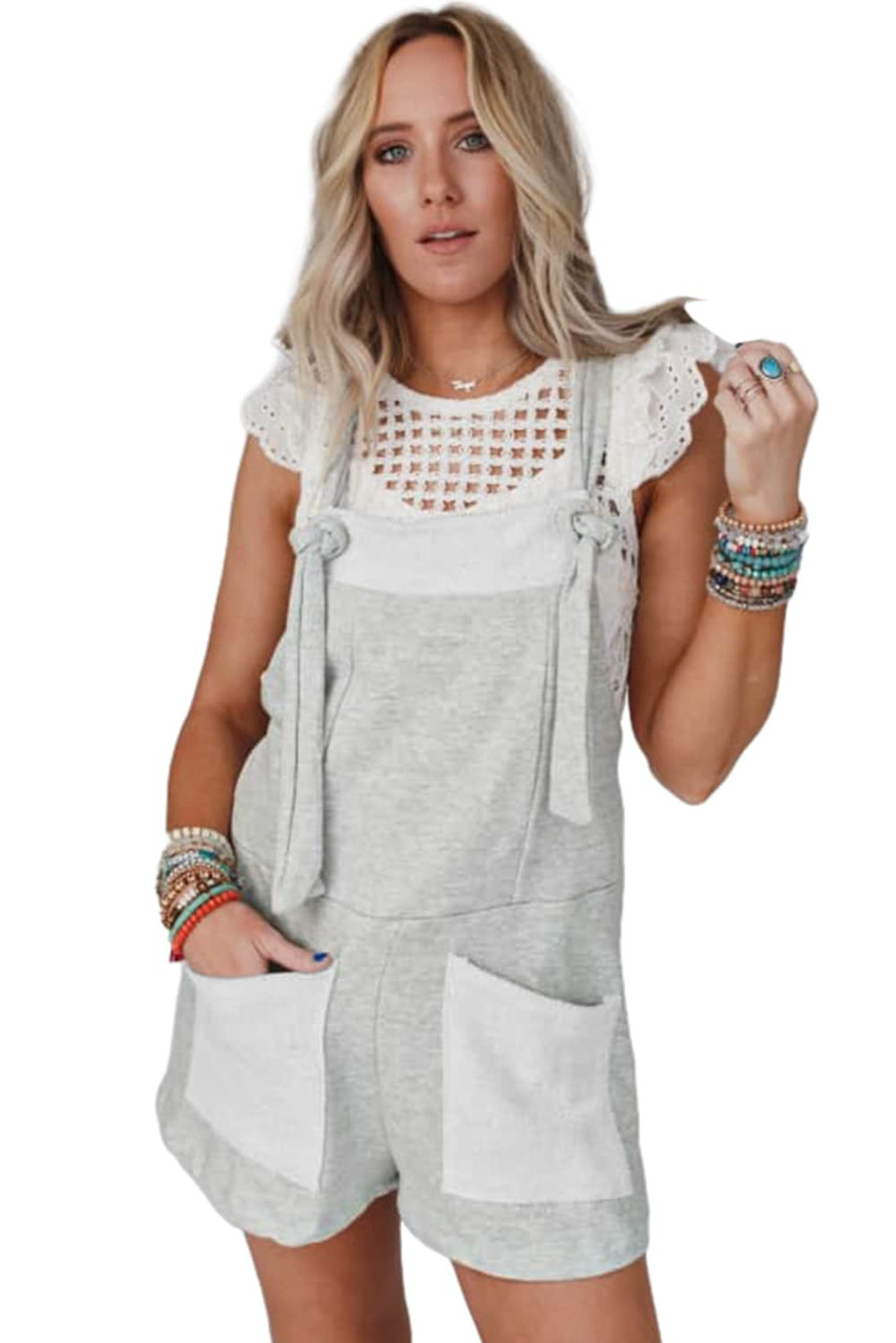 Light Grey Knotted Straps Patch Pockets Terry Knit Romper