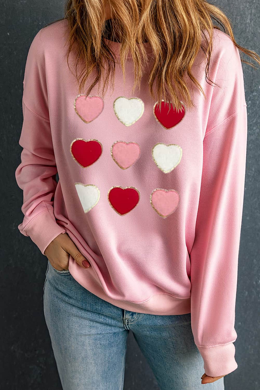 Pink Glitter Chenille Heart Patch Valentines Sweatshirt