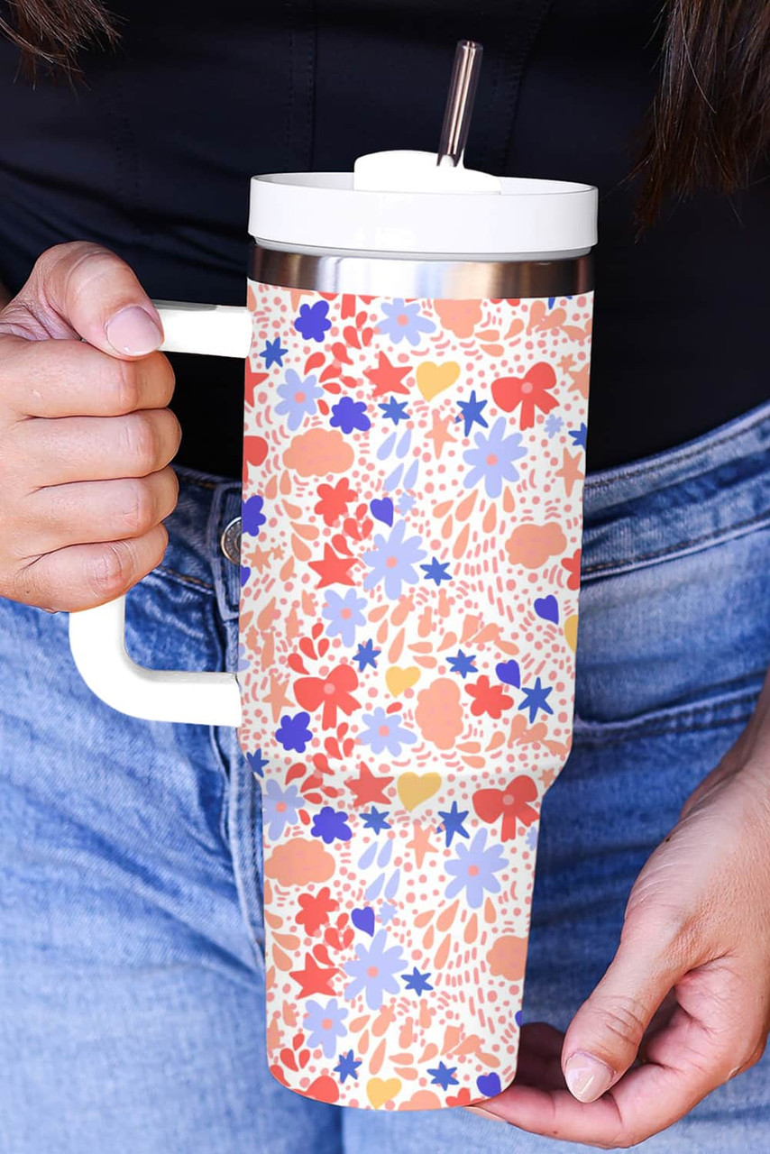 White Festive Printed Stainless Thermos Cup with Handle