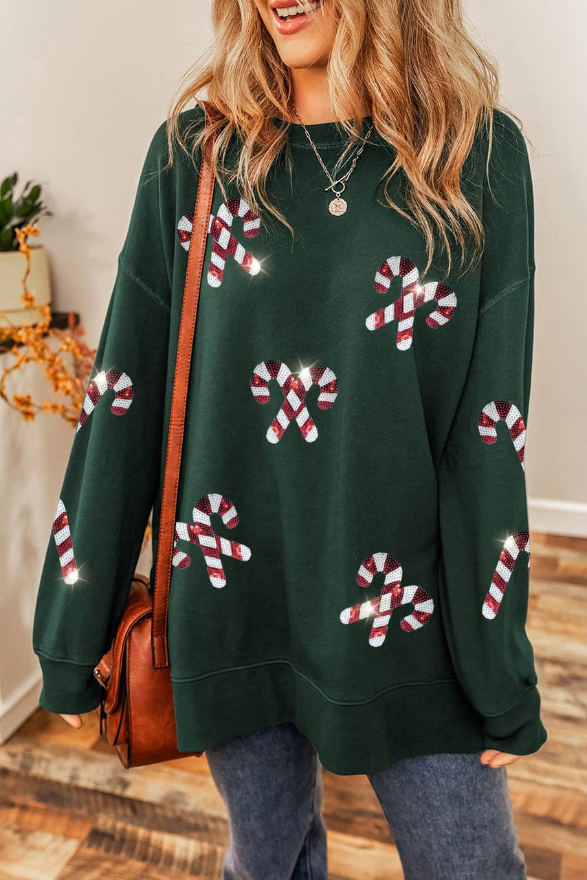 Duffel Green Christmas Sequin Cane Crewneck Oversized Sweatshirt Duffel Green Christmas Sequin Cane Crewneck Oversized Sweatshirt