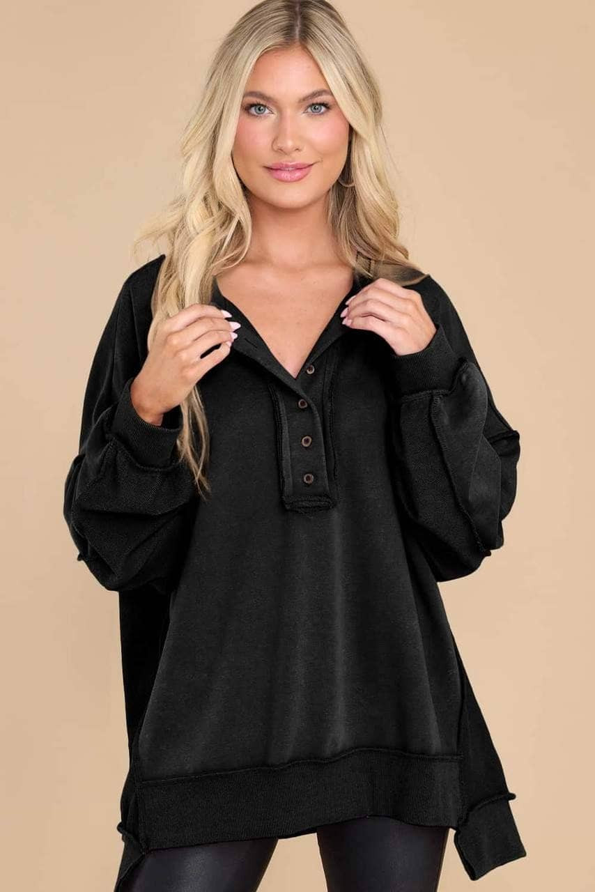 Black Oversized Exposed Seam Henley Sweatshirt