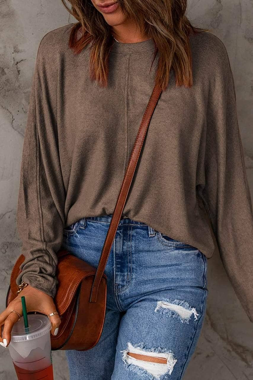 Brown Fiery Solid Color Patchwork Long Sleeve Top Brown Fiery Solid Color Patchwork Long Sleeve Top