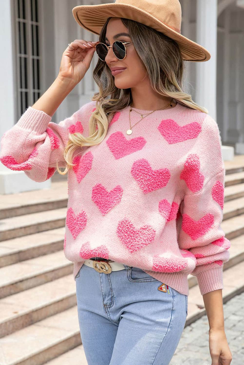 Light Pink Valentines Day Heart Jacquard Knit Sweater