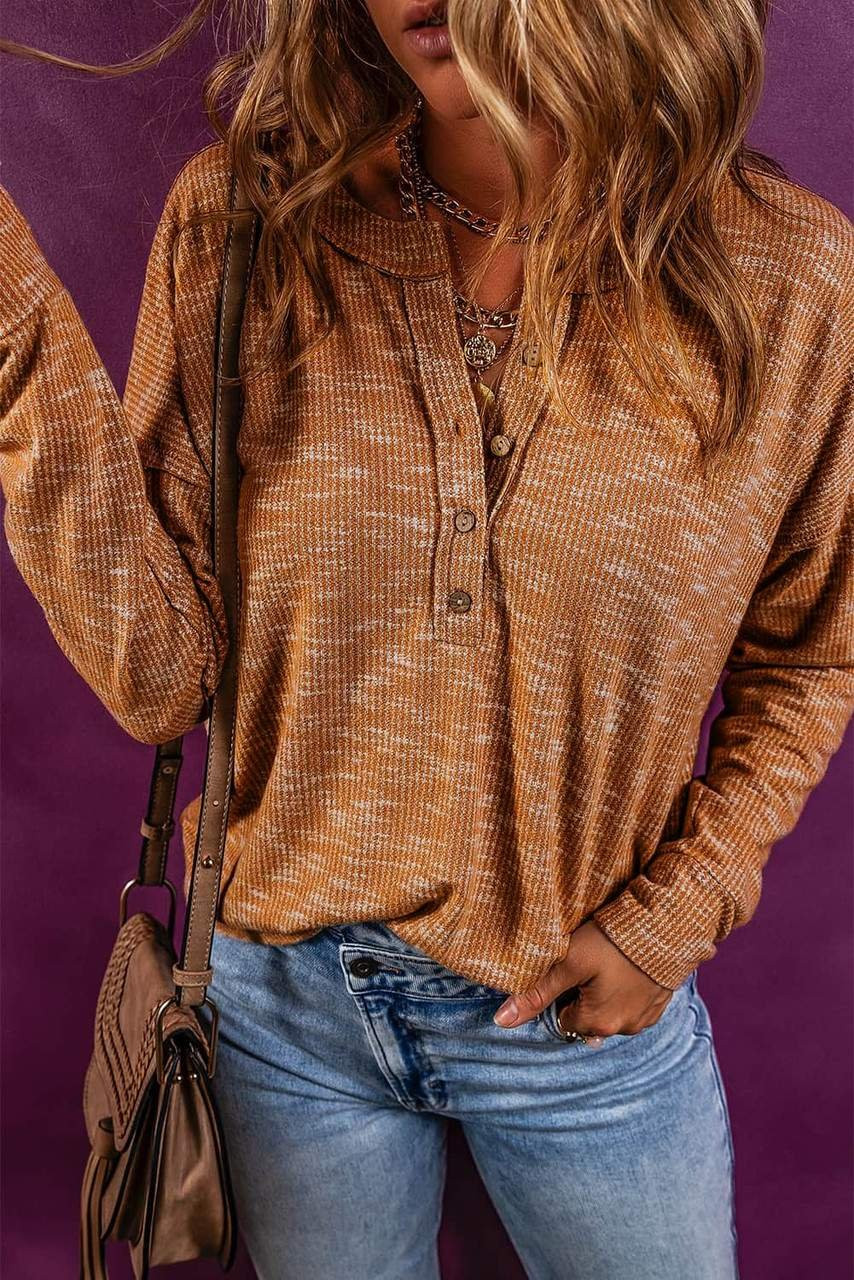 Mustard Rib Knit Drop Shoulder Long Sleeve Henley Top