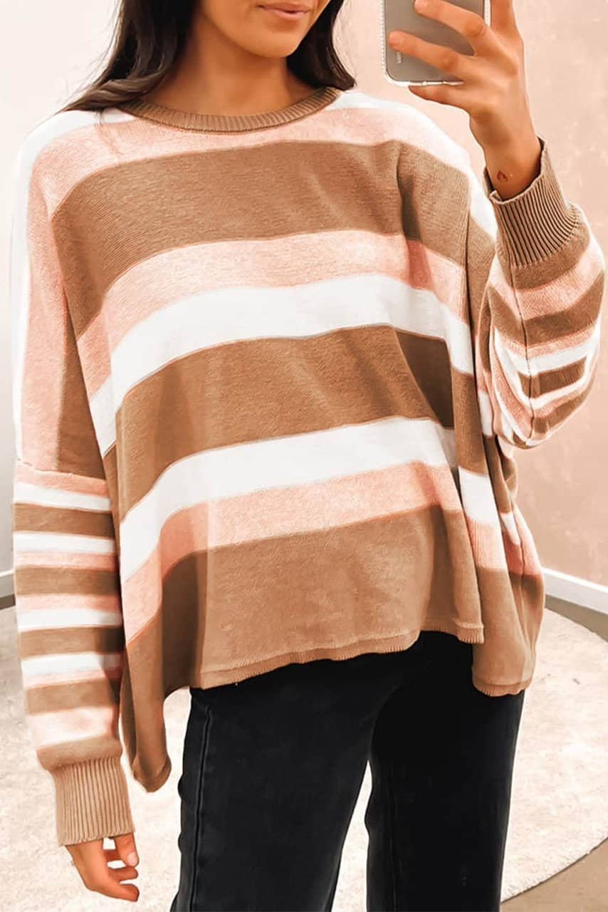 Multicolour Striped Knit Drop Shoulder Loose Sweater Multicolour Striped Knit Drop Shoulder Loose Sweater