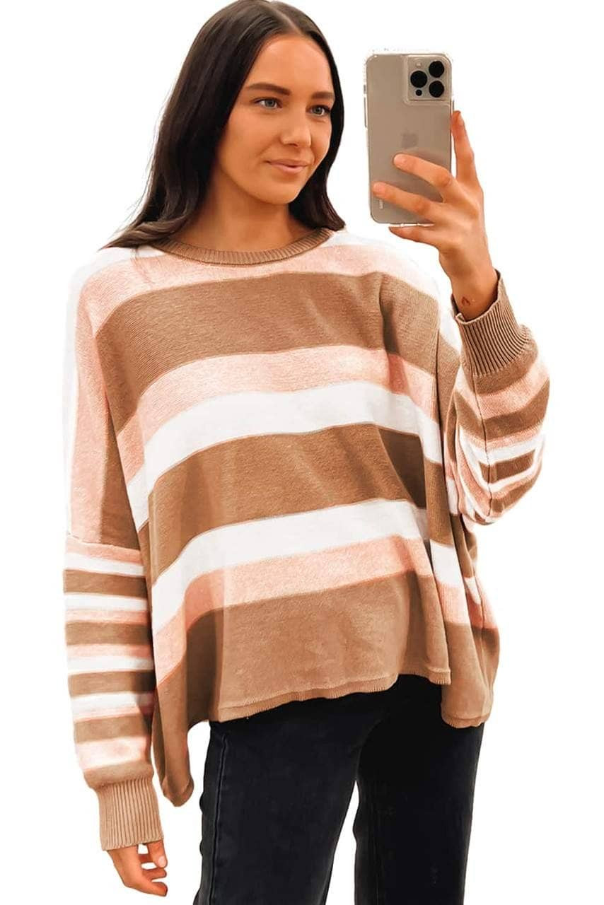 Multicolour Striped Knit Drop Shoulder Loose Sweater Multicolour Striped Knit Drop Shoulder Loose Sweater