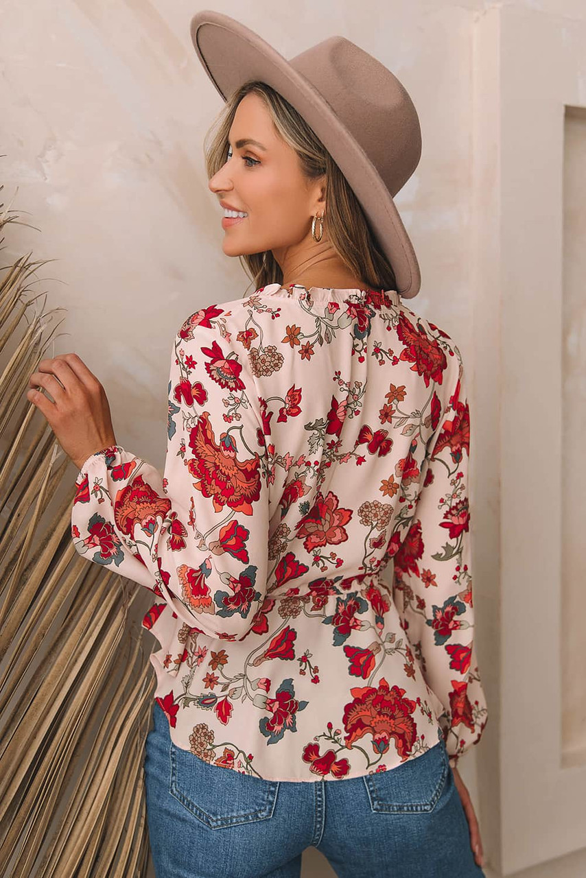 Multicolour Floral Frilled V Neck Drawstring Peplum Blouse