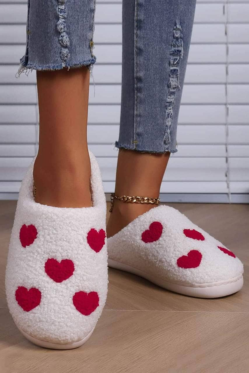 White Valentines Day Hearts Print Plush House Slippers White Valentines Day Hearts Print Plush House Slippers