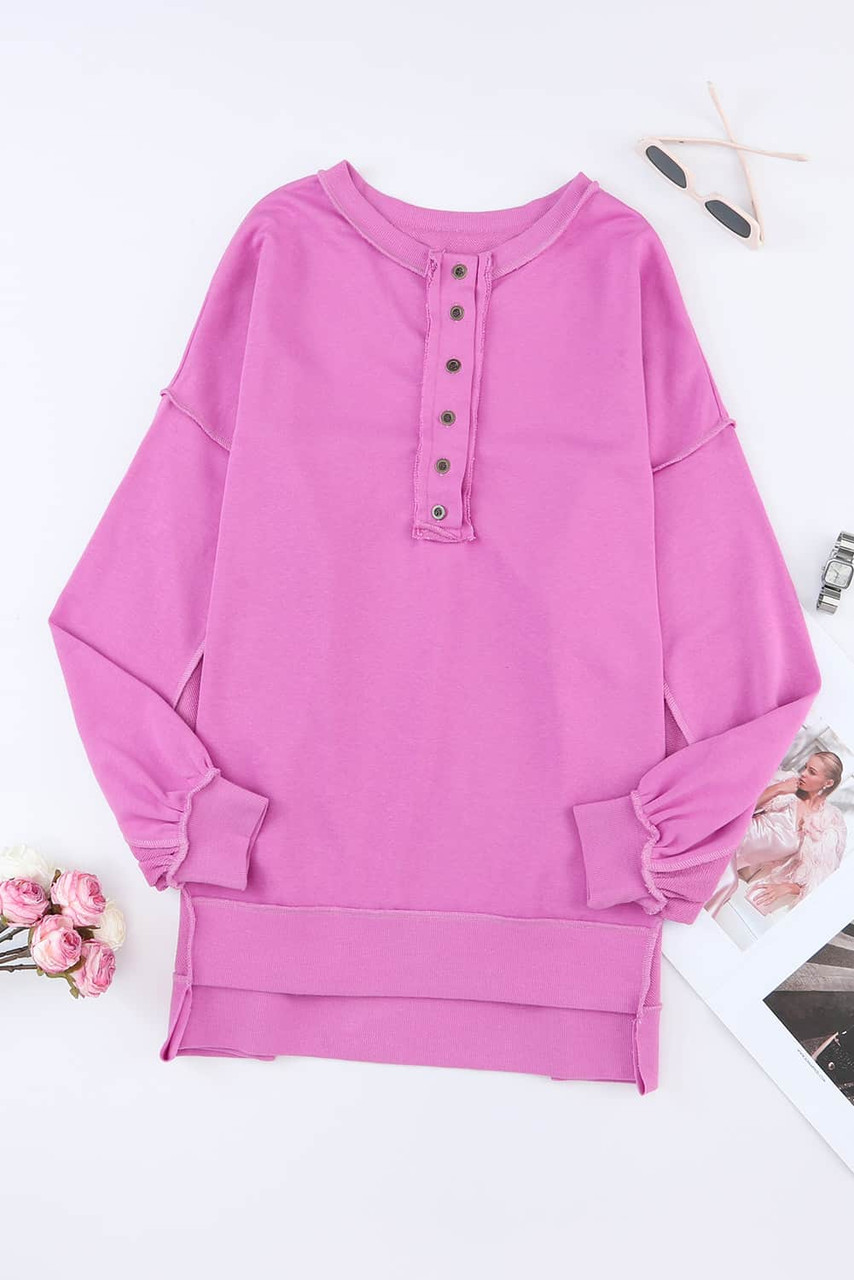 Purple Oversized Exposed Seam Henley Sweatshirt