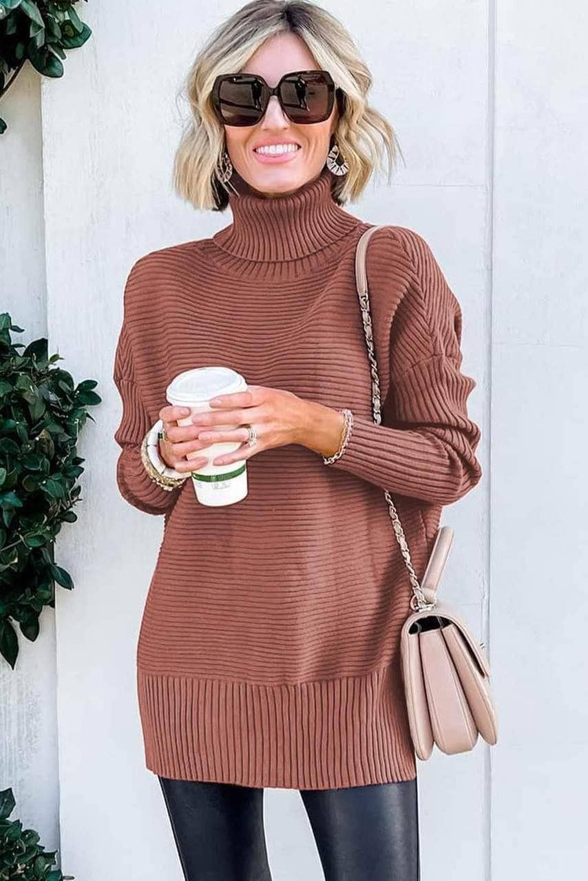 Mineral Red Turtleneck Ribbed Knit Tunic Sweater Mineral Red Turtleneck Ribbed Knit Tunic Sweater