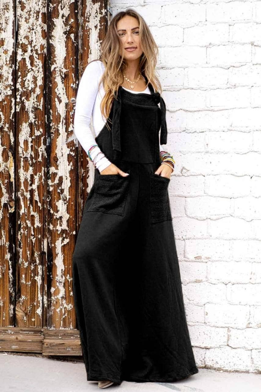 Black Knotted Straps Patch Pocket Wide Leg Jumpsuit Black Knotted Straps Patch Pocket Wide Leg Jumpsuit