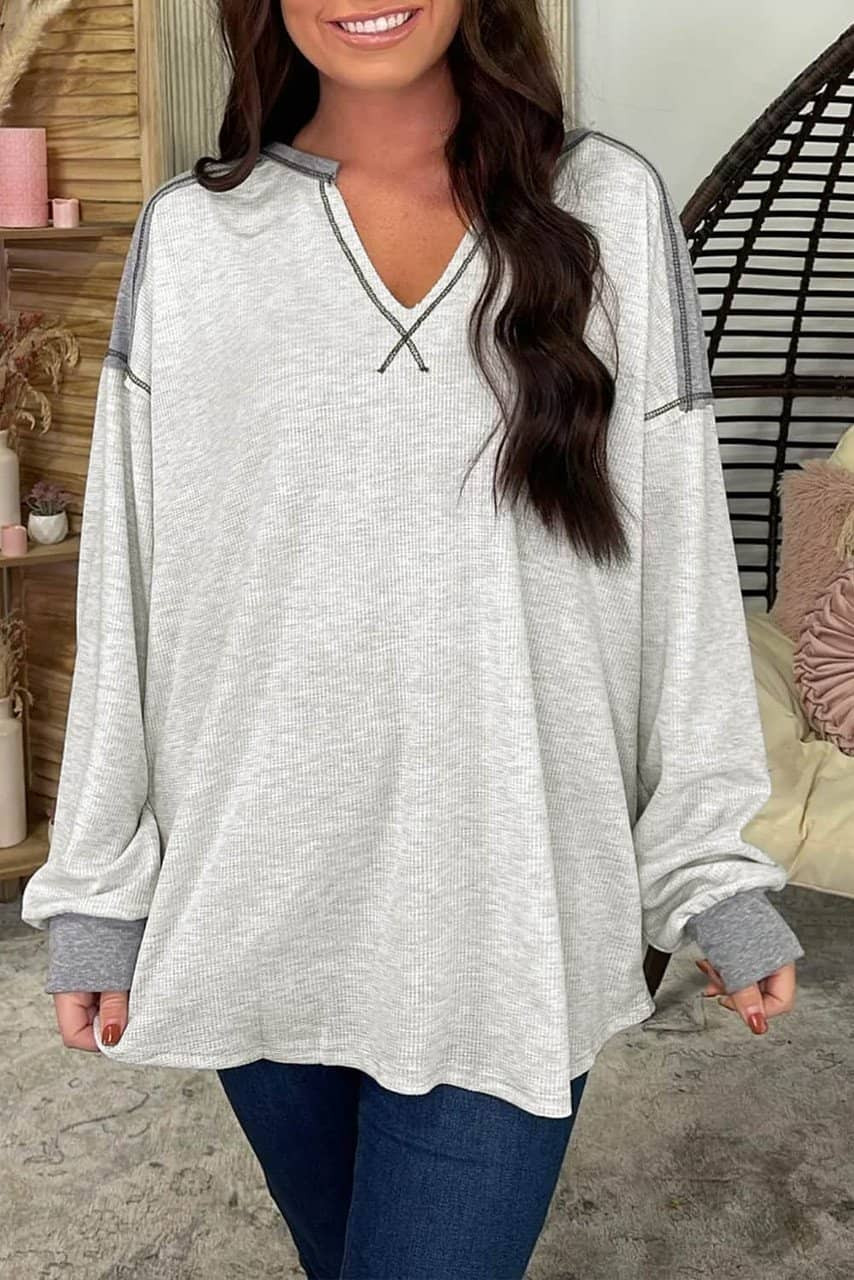 Gray Exposed Seam Ribbed Patchwork V Neck Sweatshirt
