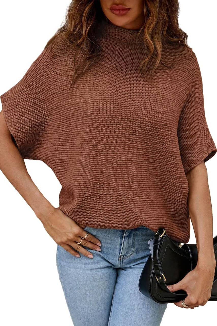 Coffee High Neck Short Bat Sleeve Sweater Coffee High Neck Short Bat Sleeve Sweater