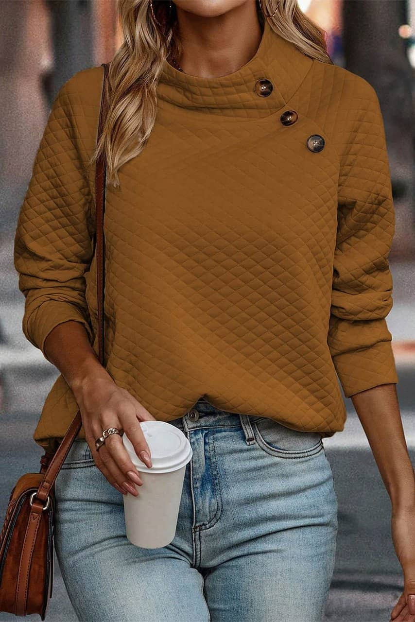 Chestnut Quilted Buttoned Neckline Stand Neck Pullover Sweatshirt Chestnut Quilted Buttoned Neckline Stand Neck Pullover Sweatshirt