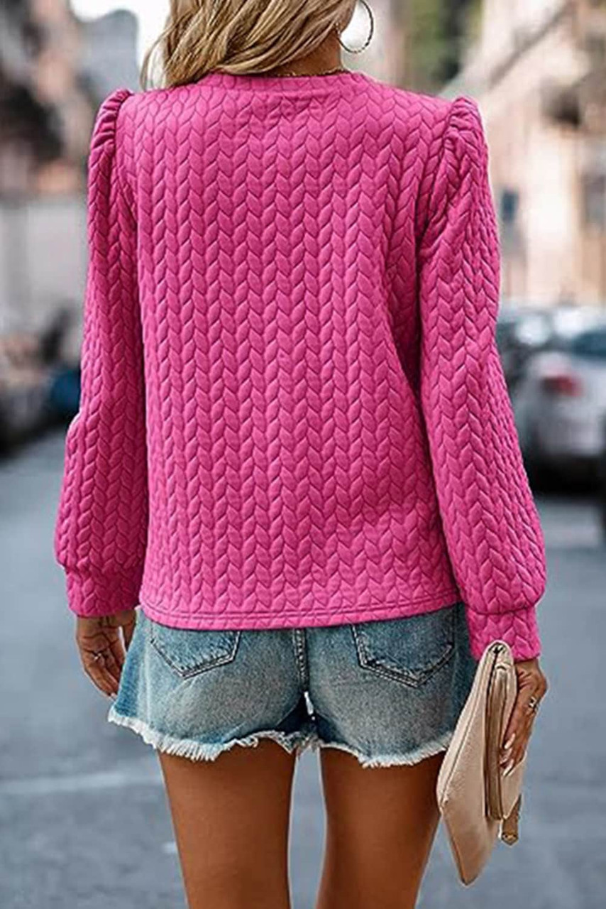 Rose Red Cable Textured Puff Sleeve Sweatshirt