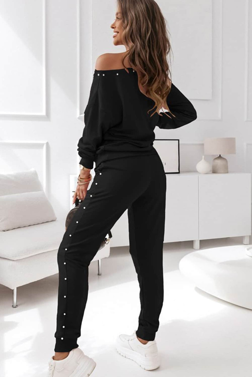Black Beaded Decor Pullover and Jogger Pants Set Black Beaded Decor Pullover and Jogger Pants Set