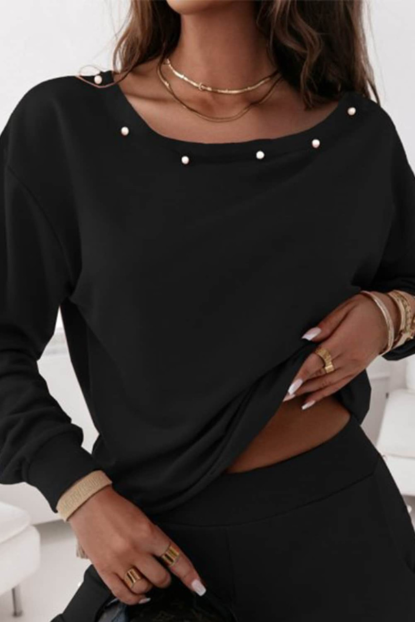 Black Beaded Decor Pullover and Jogger Pants Set Black Beaded Decor Pullover and Jogger Pants Set