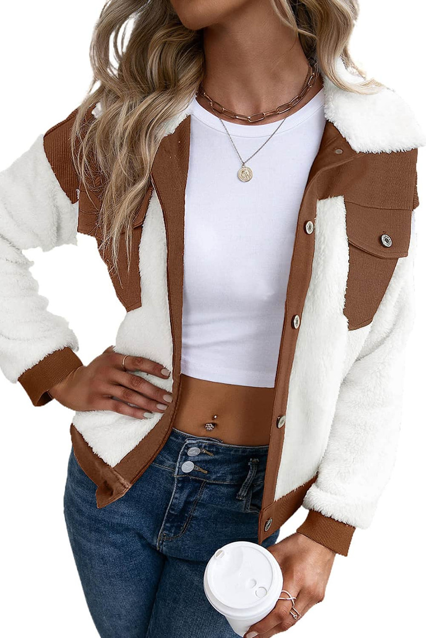 Chestnut Corduroy Color Block Contrast Patchwork Fuzzy Jacket