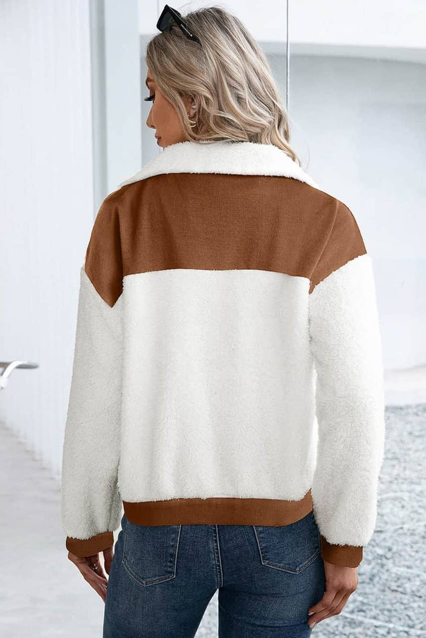 Chestnut Corduroy Color Block Contrast Patchwork Fuzzy Jacket Chestnut Corduroy Color Block Contrast Patchwork Fuzzy Jacket
