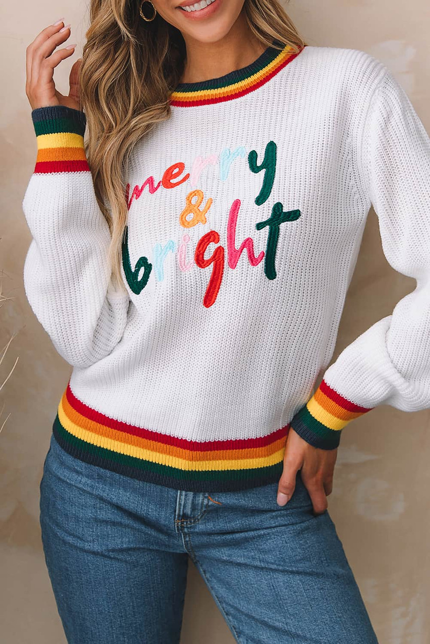 White Merry & Bright Colorful Stripes Trim Sweater