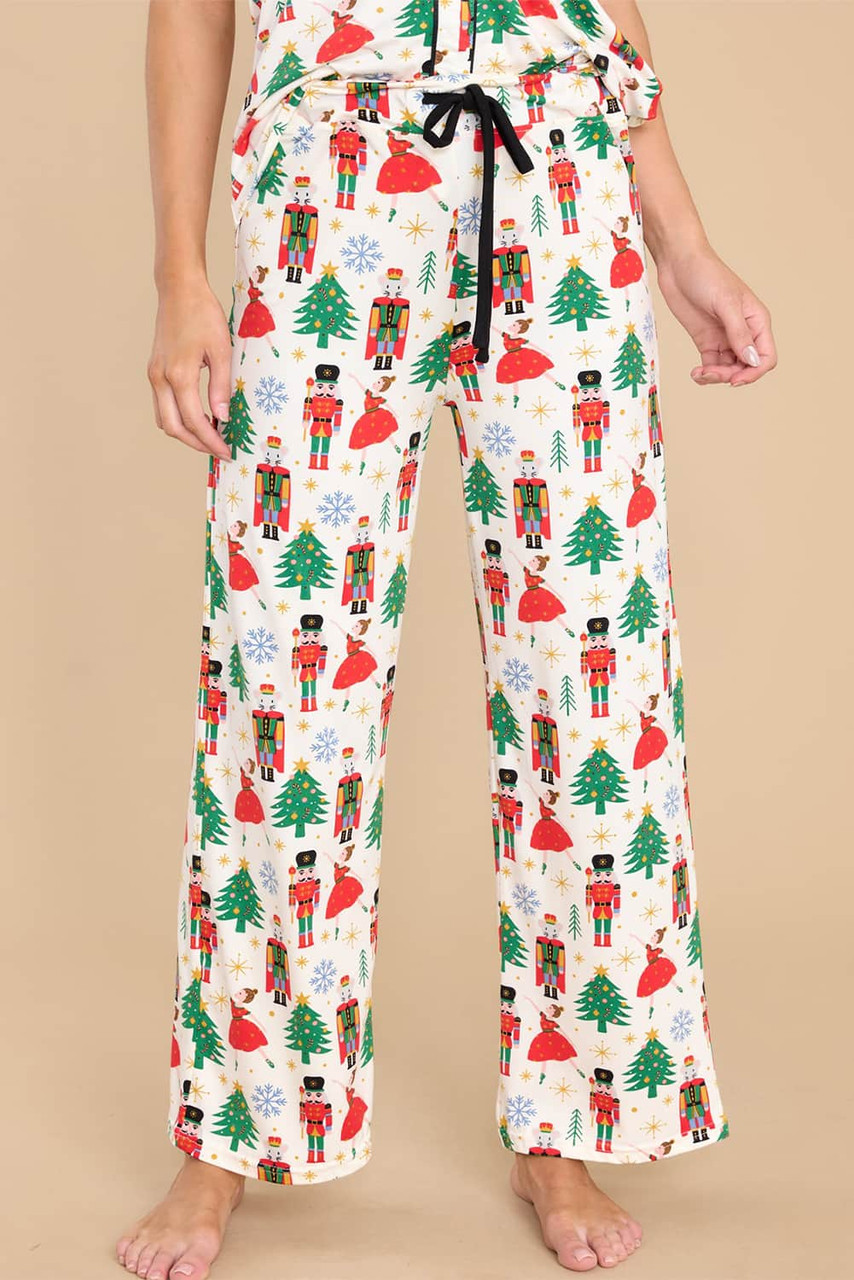White Printed Christmas Pattern Buttoned Two Piece Sleepwear