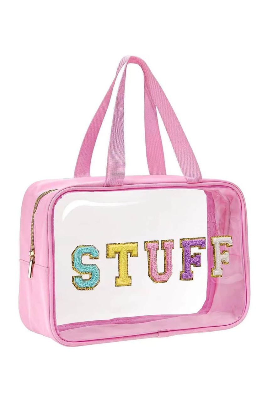 Pink STUFF Glitter Chenille Patched Transparent Makeup Bag