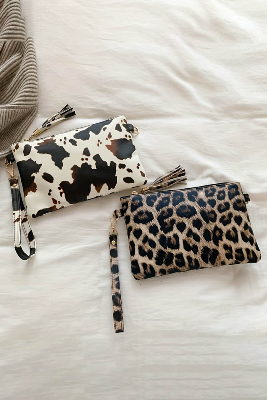 White Cow Print Wrist Strap Zipped Wallet