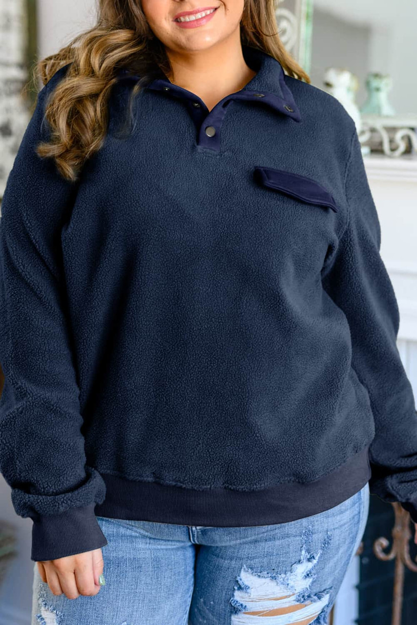 Blue Snap Buttons Pullover Plus Size Fleece Sweatshirt dea